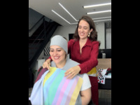 Client Elaine, 30 during personal color analysis